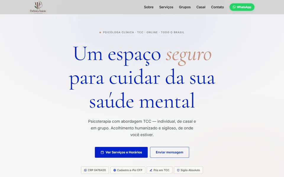 Página inicial do site da psicóloga Débora Inácio no computador
