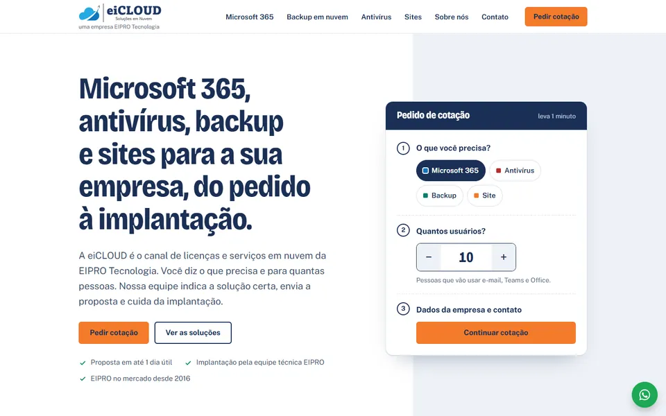 Página inicial do site da eiCLOUD no computador