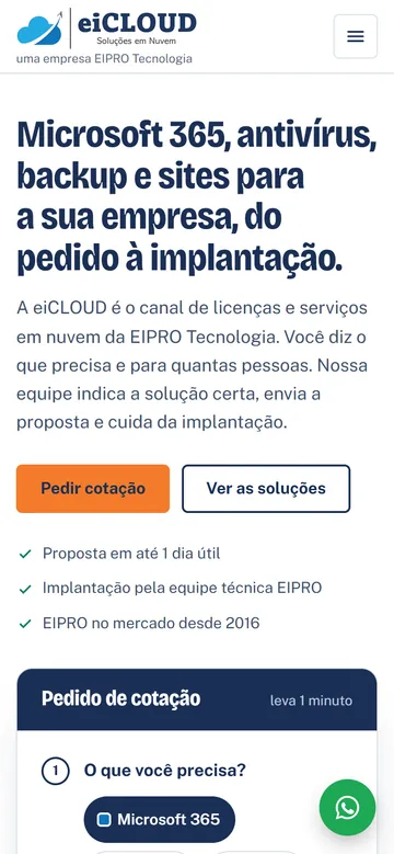 Site da eiCLOUD no celular