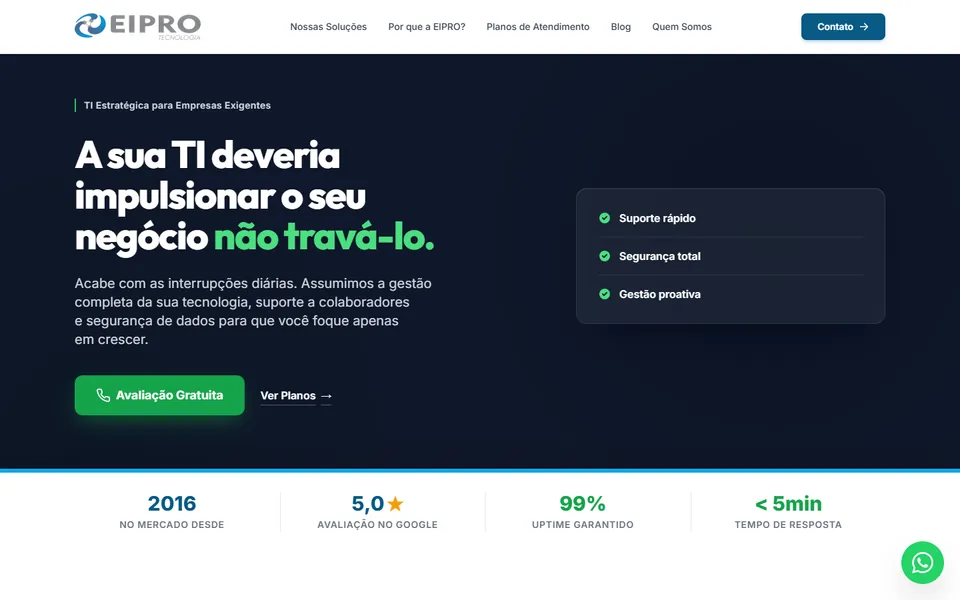 Página inicial do site da EIPRO Tecnologia no computador