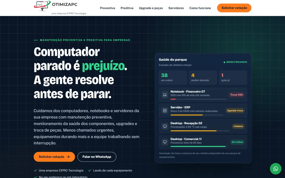 Página inicial do site da OtimizaPC no computador